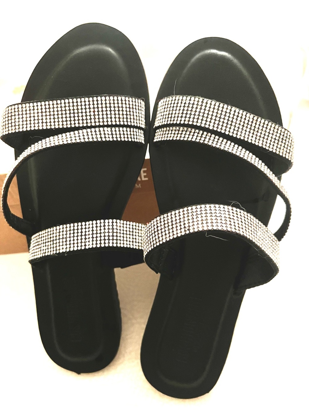 Black Rhinestone-Strap Slide Sandals!